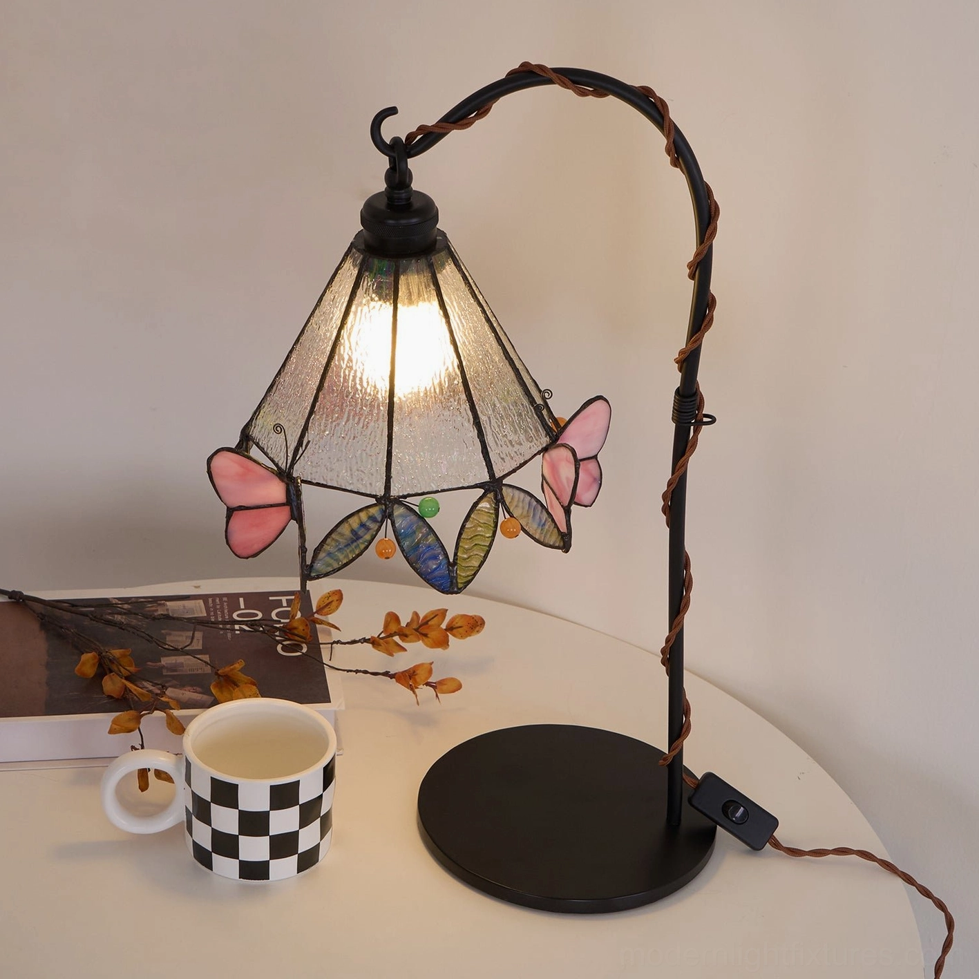 Stained glass butterfly table lamp package contents and assembly ready product