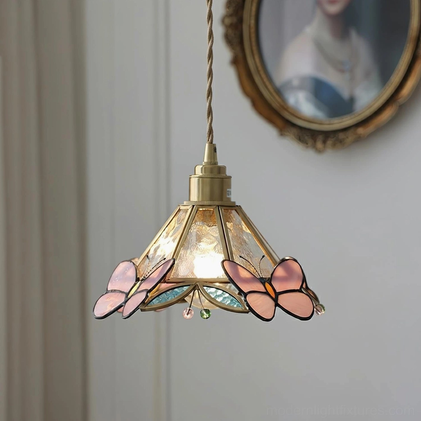 Blue butterfly stained glass pendant light with detailed glass artwork and premium brass construction