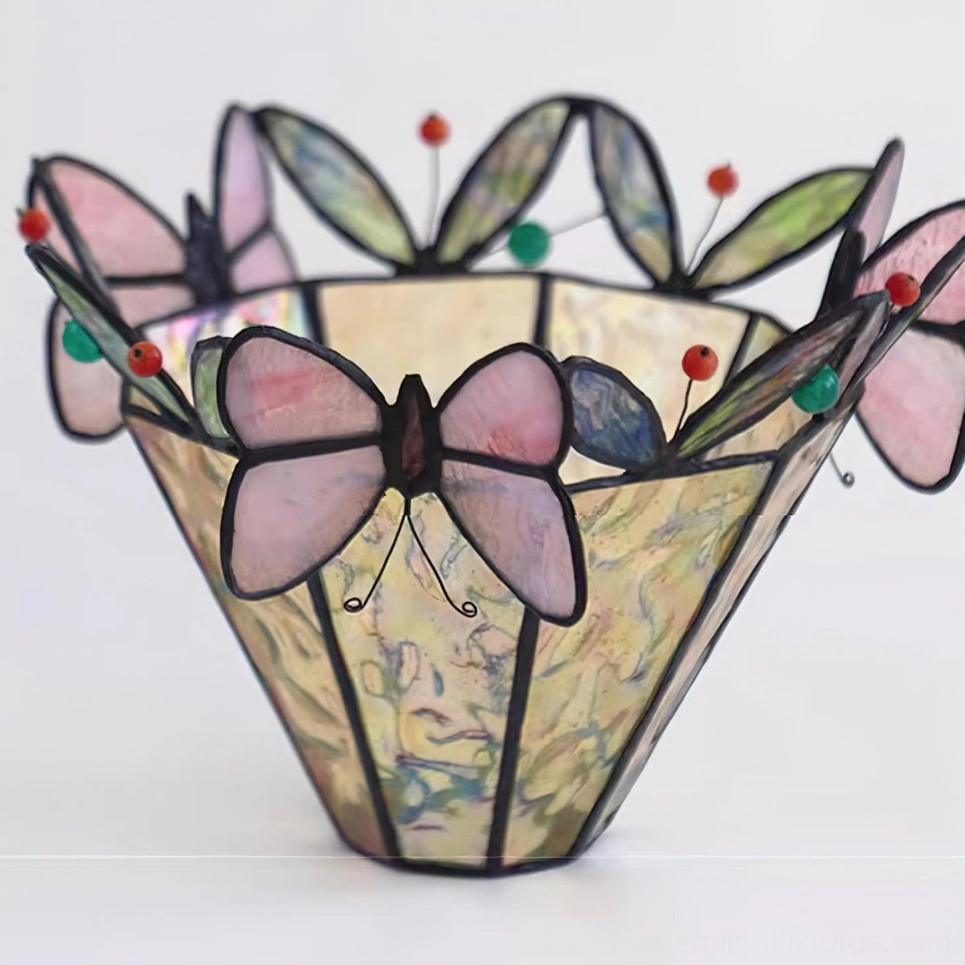 Three-dimensional butterfly stained glass lamp shade close-up detail showing craftsmanship