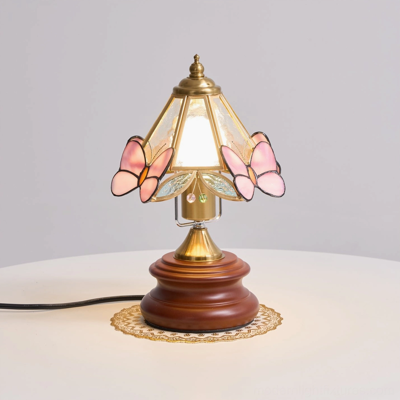 Decorative pink butterfly table lamp with E26 E27 socket compatibility displayed fully assembled