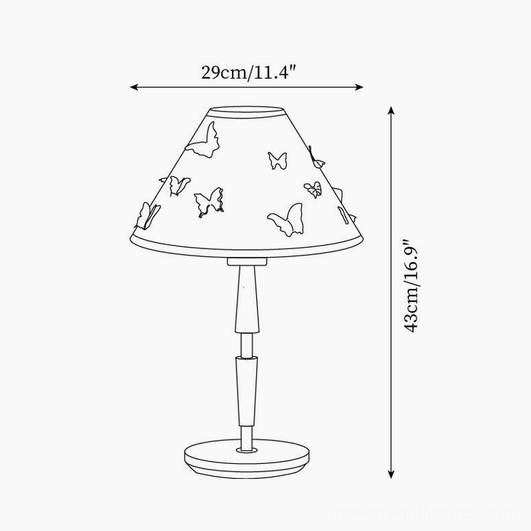 Butterfly table lamp technical dimension drawing showing 29cm diameter and 43cm height measurements