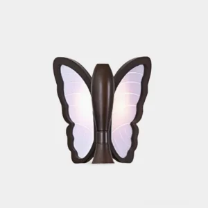Modern butterfly table lamp with frosted acrylic wings and wooden body, front view on white background