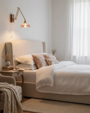 Vintage butterfly wall sconce installed beside upholstered headboard in luxury master bedroom
