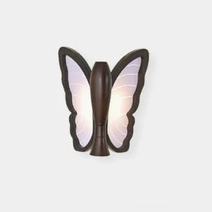 Butterfly wall sconce with glowing light purple acrylic wings and dark wood frame, front view on white wall background, modern decorative lighting fixture