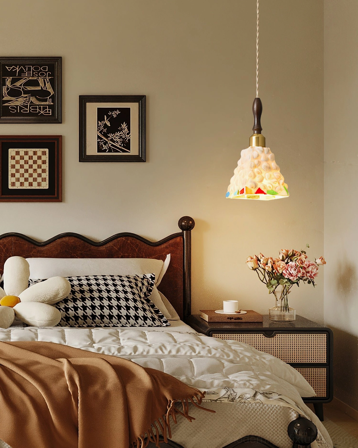 Single Cabana coastal pendant light with seashell-pattern stained glass shade installed as warm bedside lighting in vintage bedroom