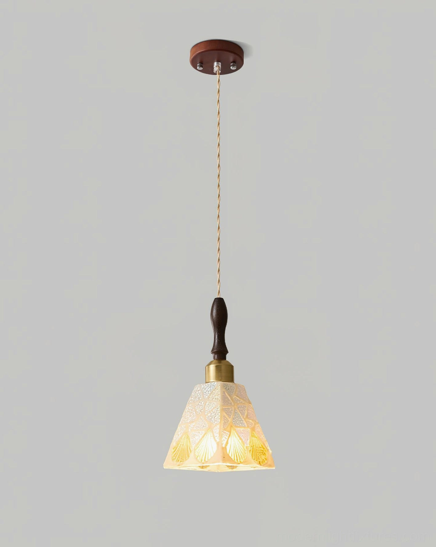 Cabana coastal pendant light front close-up showing leaf-pattern tapered shade with dark wood ceiling mount and brass hardware