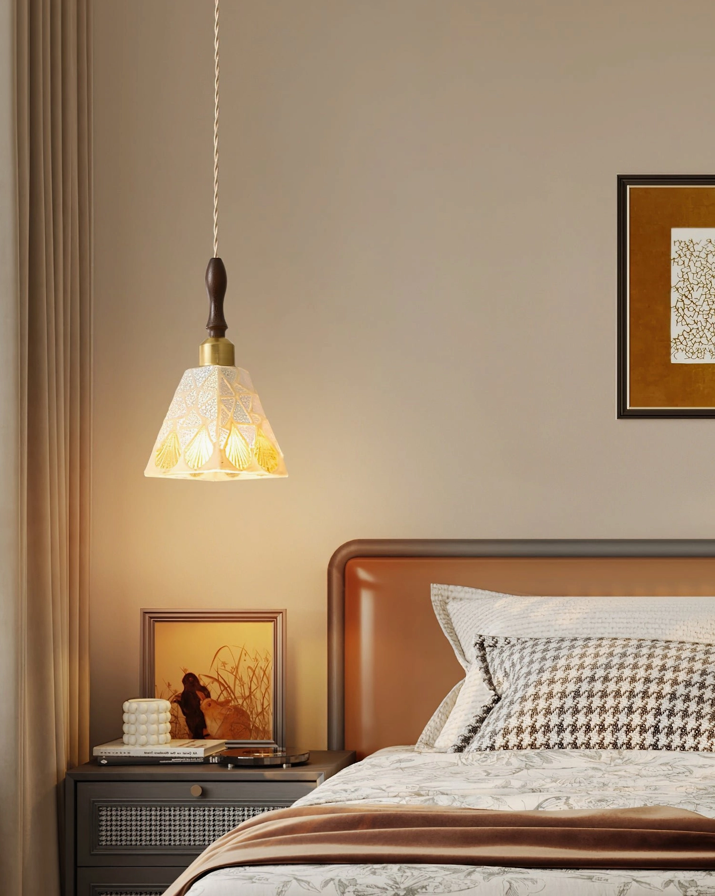 Cabana coastal pendant light with leaf-textured glass shade providing soft warm glowing light in traditional bedroom setting