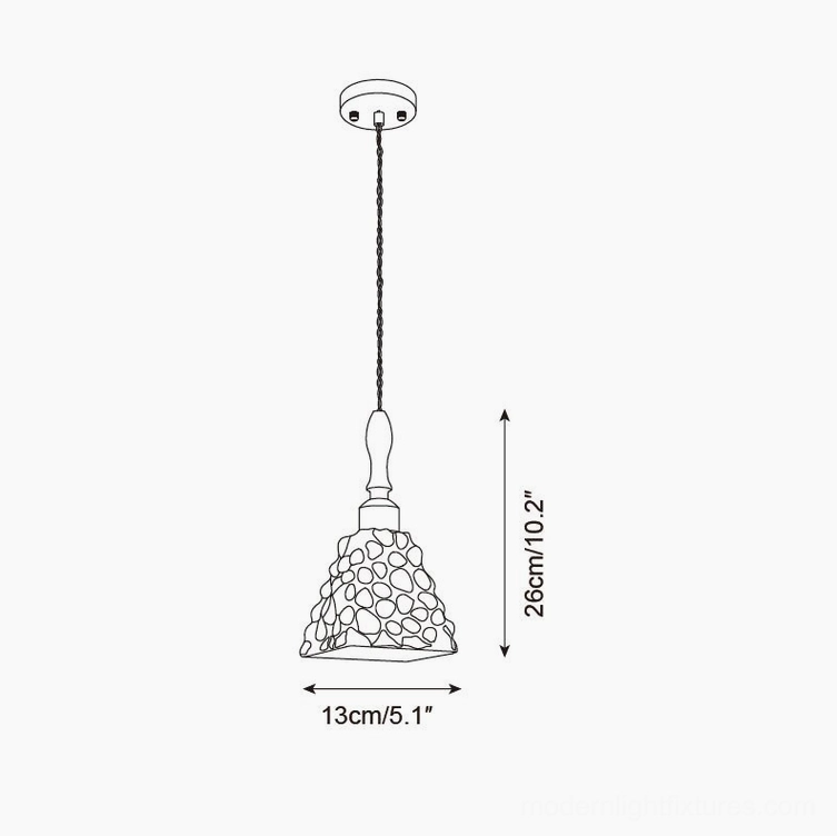 Cabana coastal pendant light front technical documentation showing pebble-textured glass shade with standard fixture dimensions
