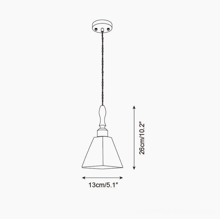 Cabana pendant light technical drawing with orthographic front view showing tapered glass shade dimensions 26cm height 13cm diameter