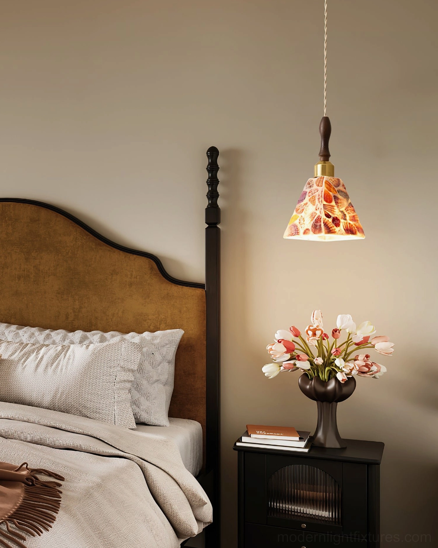 Cabana coastal pendant light installed in vintage bedroom providing soft warm ambient bedside lighting with seashell glass
