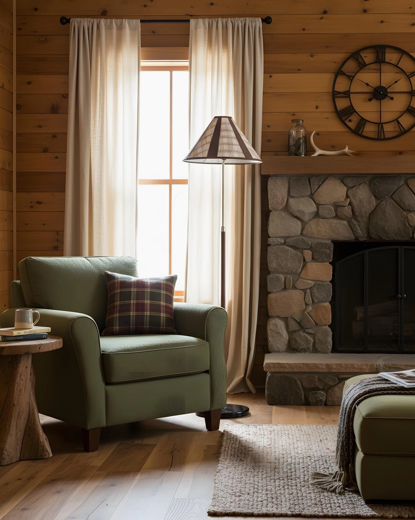 Rustic cabin-style floor lamp near stone fireplace with plaid throw pillow and wooden wall clock