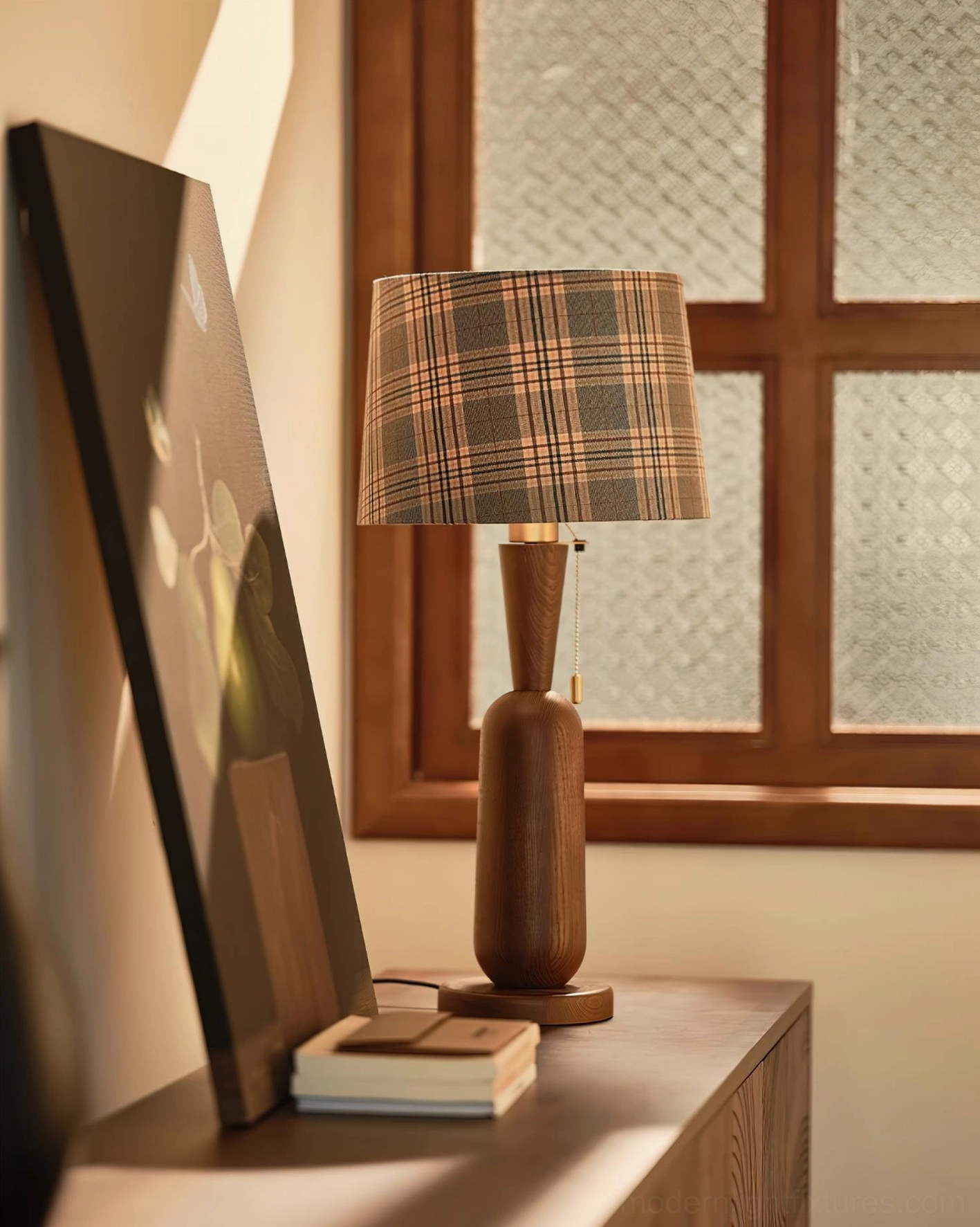 Rustic cabin table lamp showcasing plaid pattern shade and solid wood construction