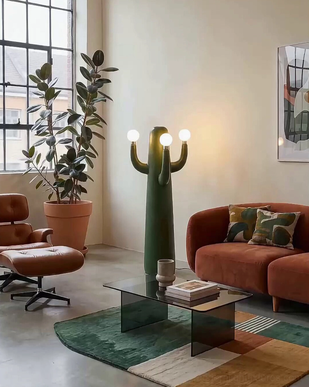 Contemporary black cactus floor lamp with smooth resin finish and geometric branching form