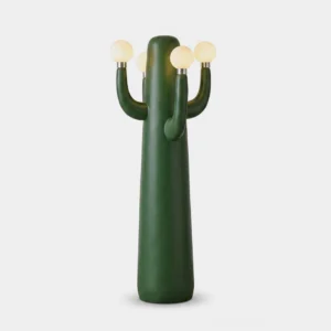 Cactelle modern cactus floor lamp with smooth matte green resin body and glowing globe bulbs - front studio view