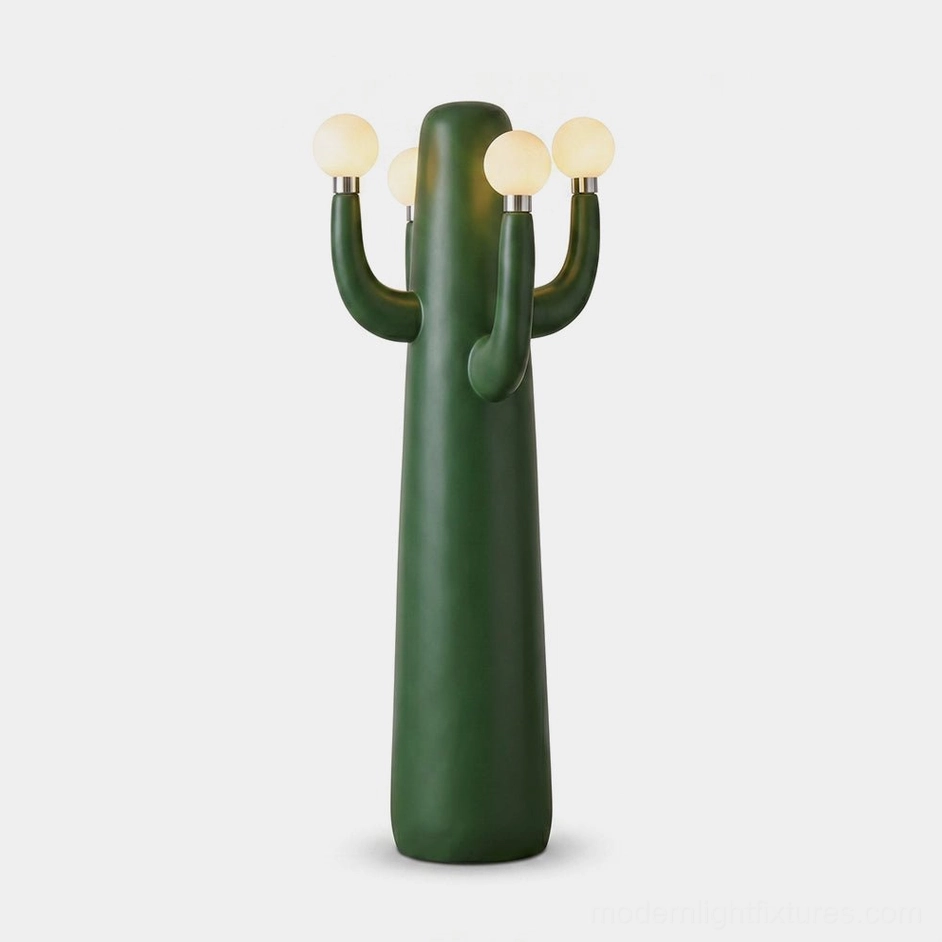 Cactelle modern cactus floor lamp with smooth matte green resin body and glowing globe bulbs - front studio view