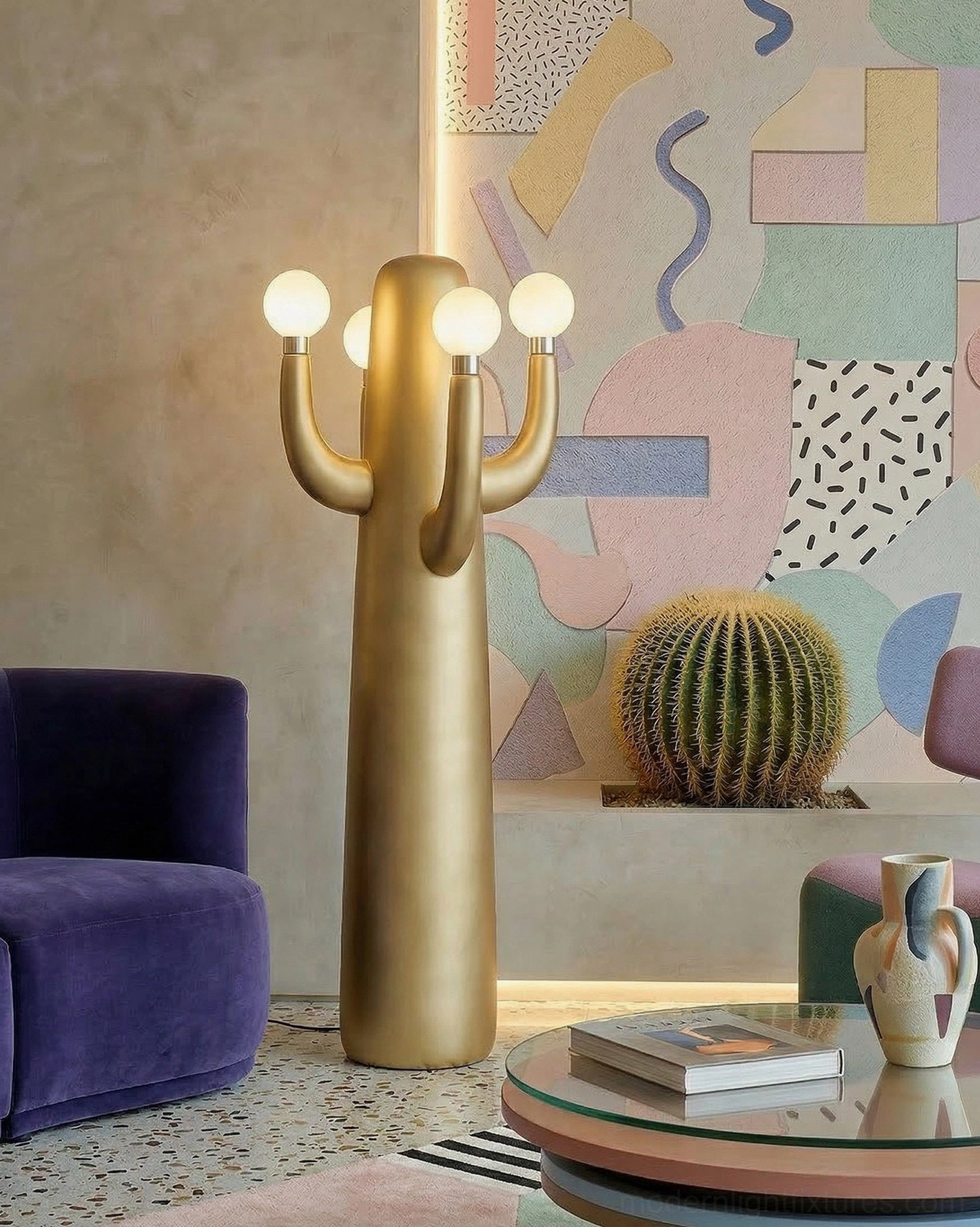 Gold finish cactus floor lamp bringing warm metallic accent to modern interior design