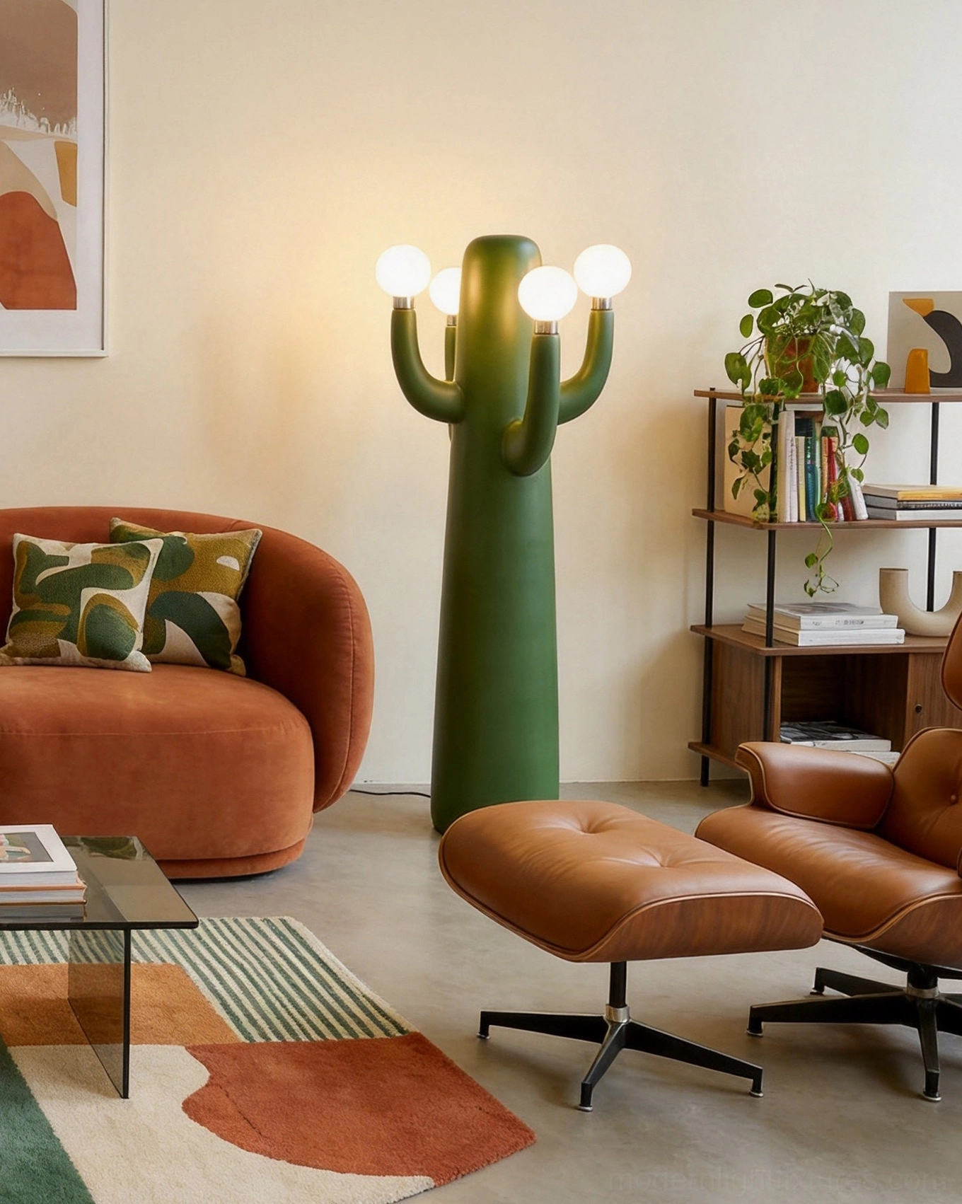 Modern cactus floor lamp with dark green resin and frosted glass light bulbs in contemporary lounge space