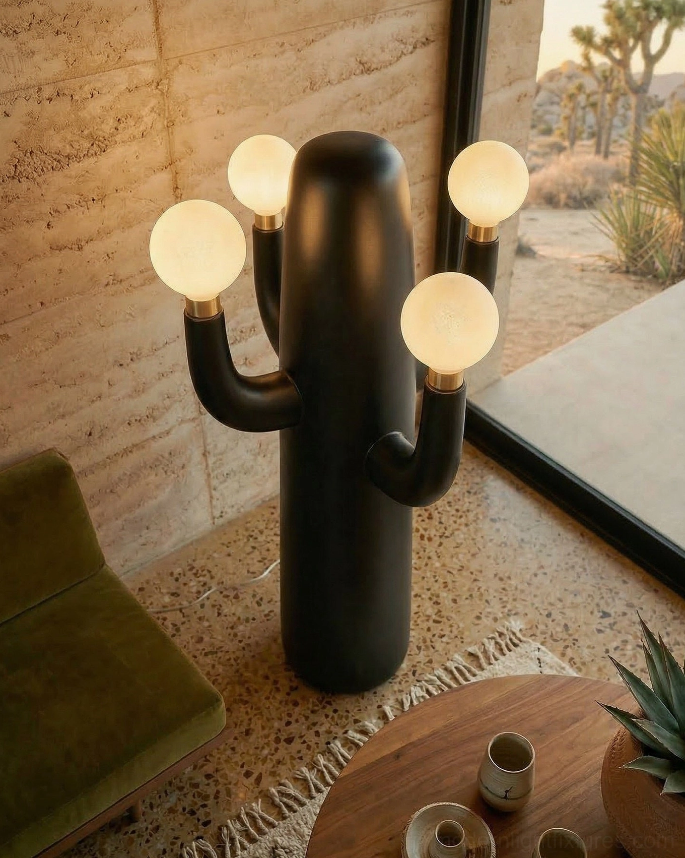Red matte cactus sculptural floor lamp with illuminated globe bulbs modern decor accent