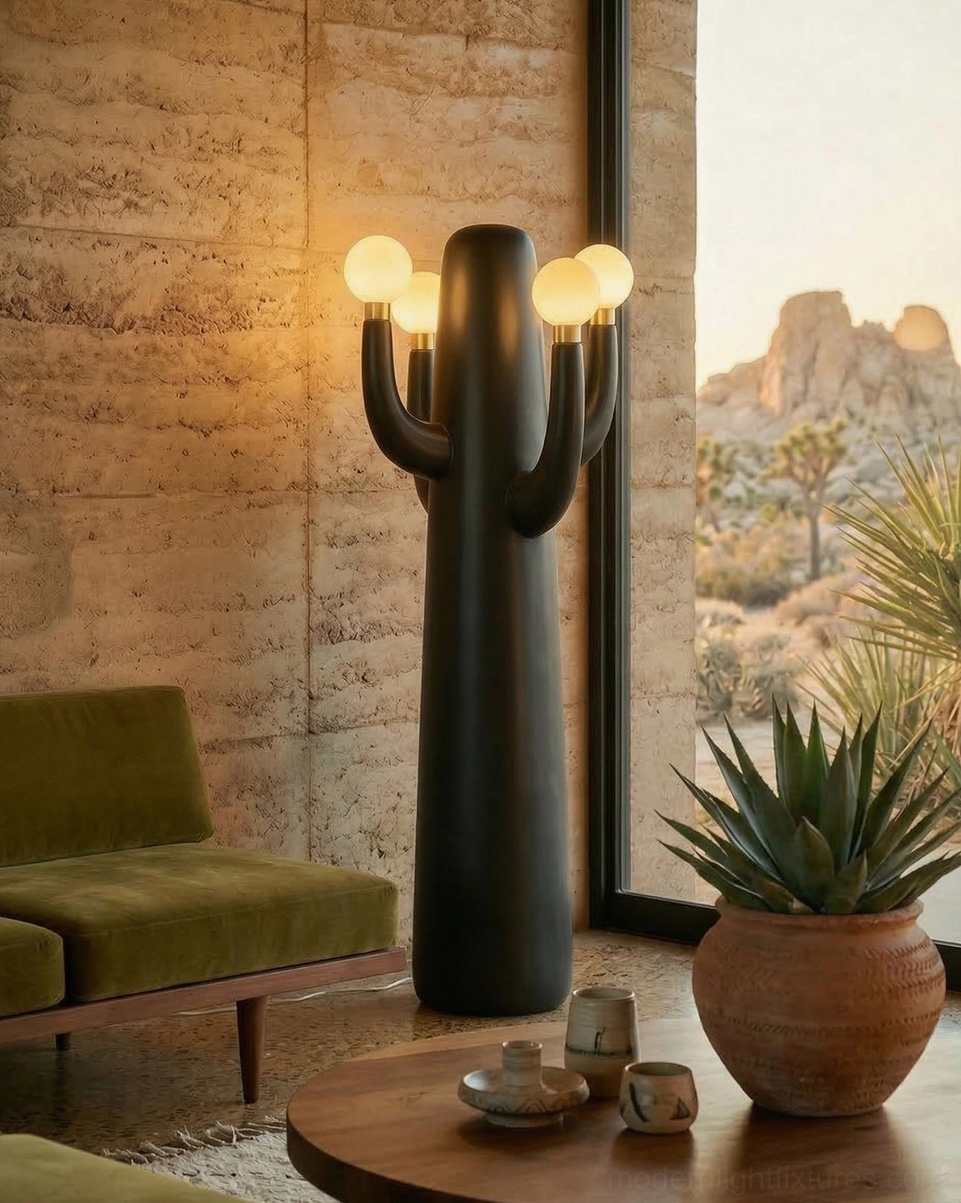 Matte white sculptural cactus floor lamp creating ambient lighting in modern home design