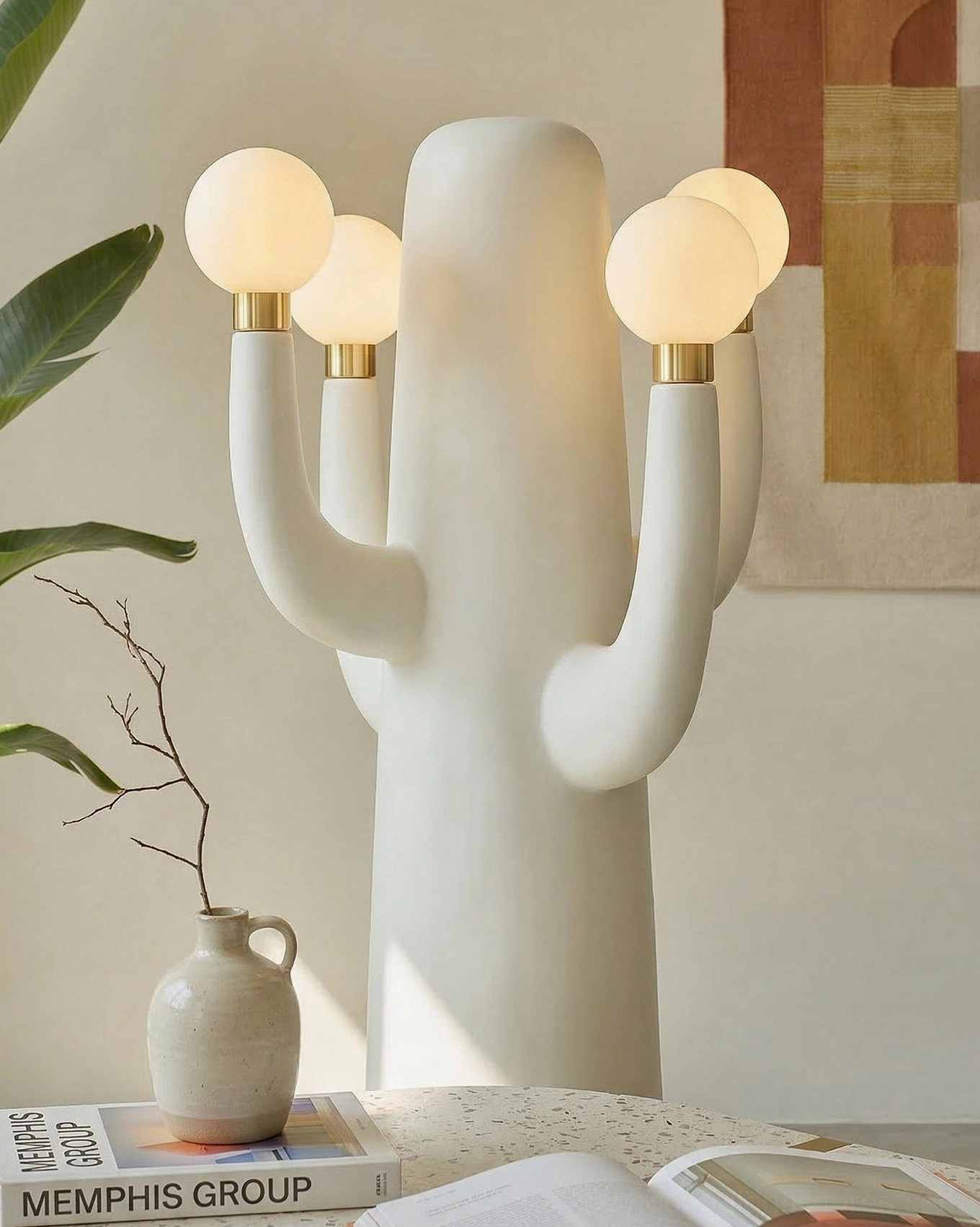 Contemporary cactus floor lamp in matte white finish - minimalist sculptural design statement