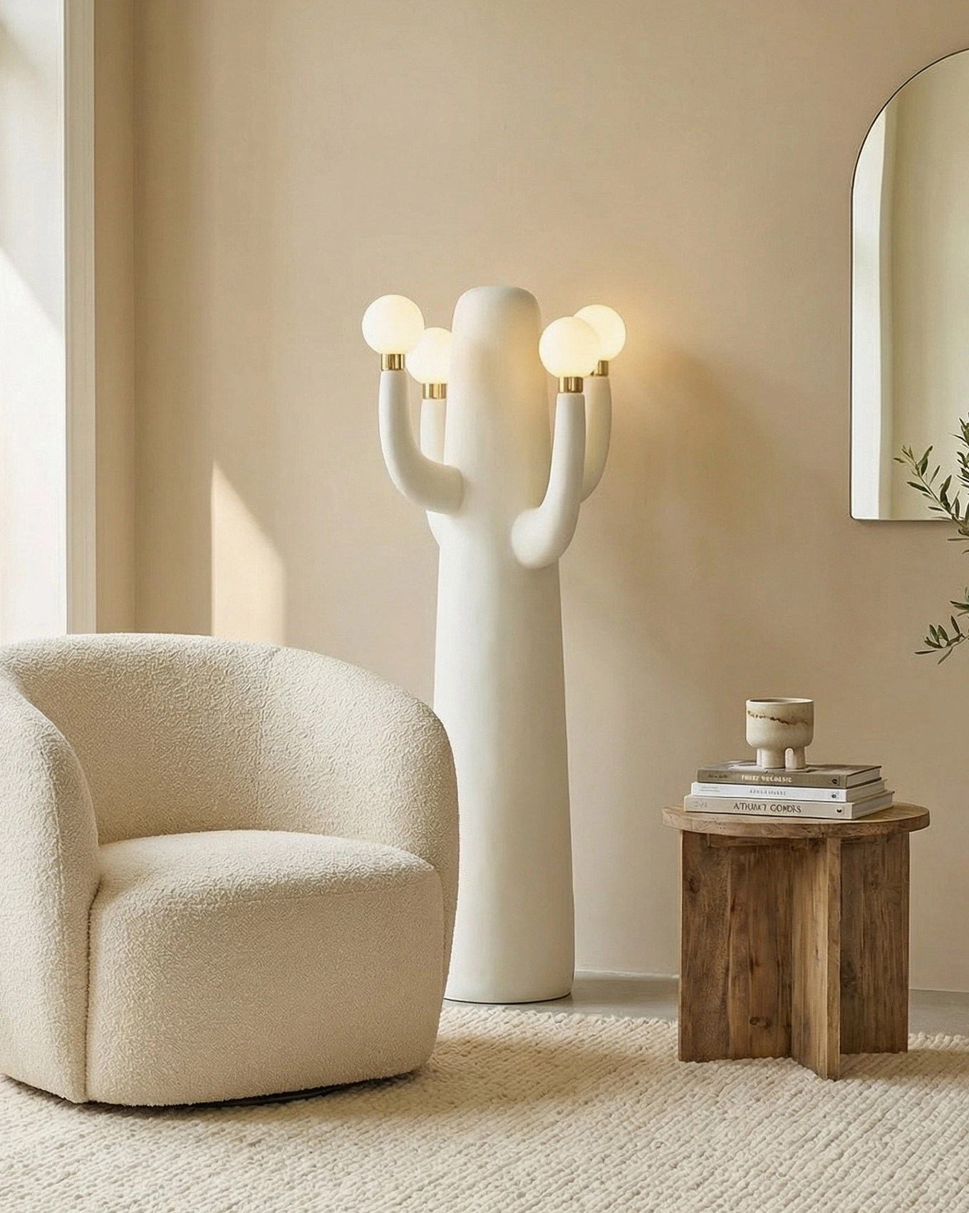 White matte cactus floor lamp in warm neutral modern living room with soft ambient lighting