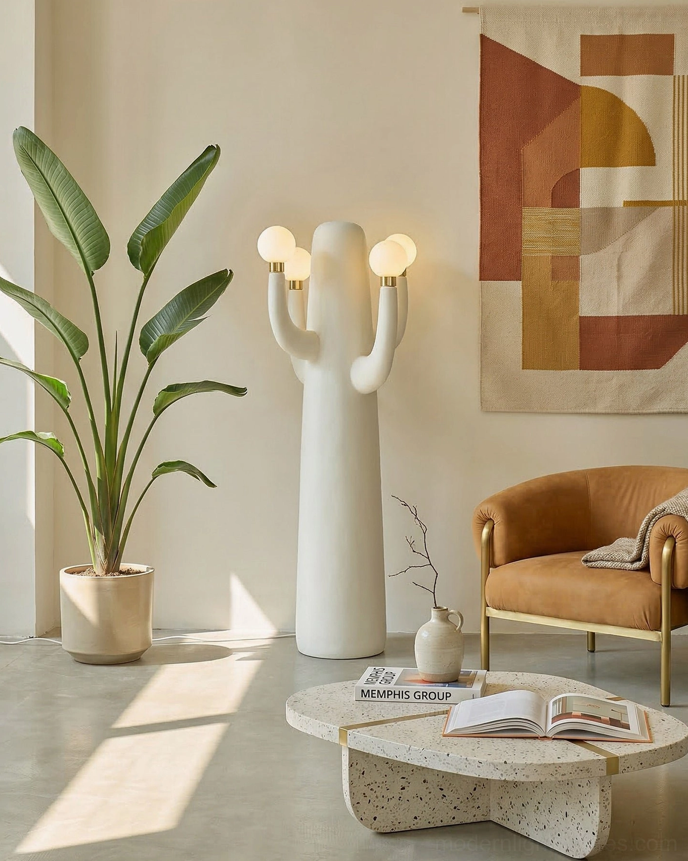 Matte white sculptural cactus floor lamp in bohemian modern home with warm neutral decor aesthetic