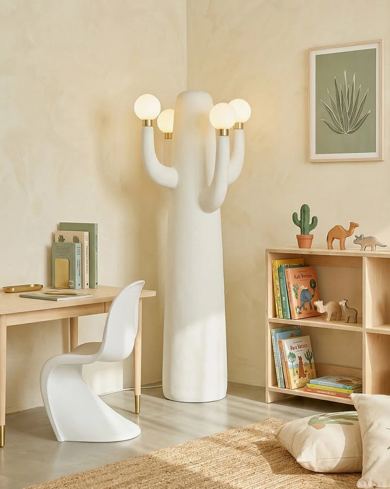 Matte white cactus sculpture floor lamp with four glowing globe bulbs - modern ambient lighting