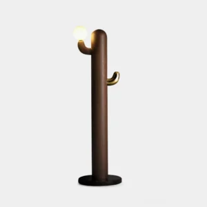 Modern cactus floor lamp with coat hook in dark walnut finish, front view on white background showing sculptural wooden design with brass accents