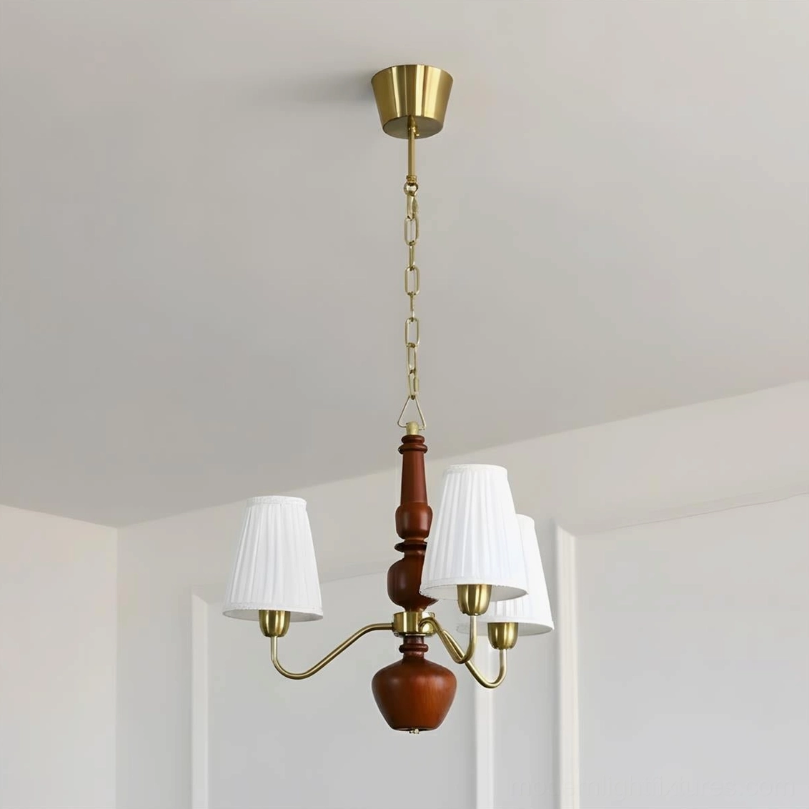 3 Head Cadenza fabric chandelier - compact mid-century modern design with brass and walnut accents