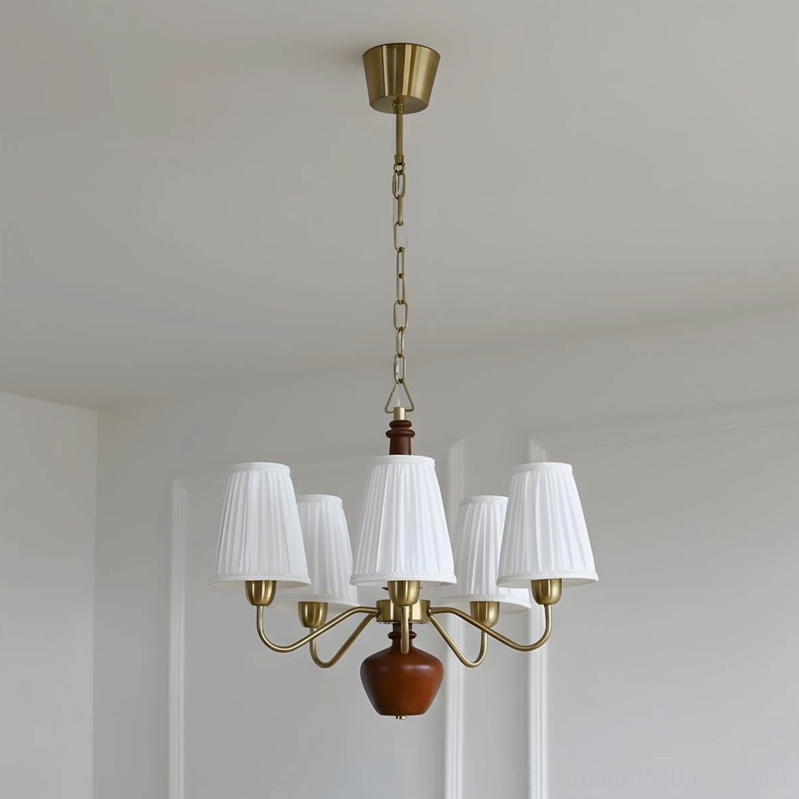 5 Head Cadenza fabric chandelier - medium brass chandelier with pleated white shades and wood center