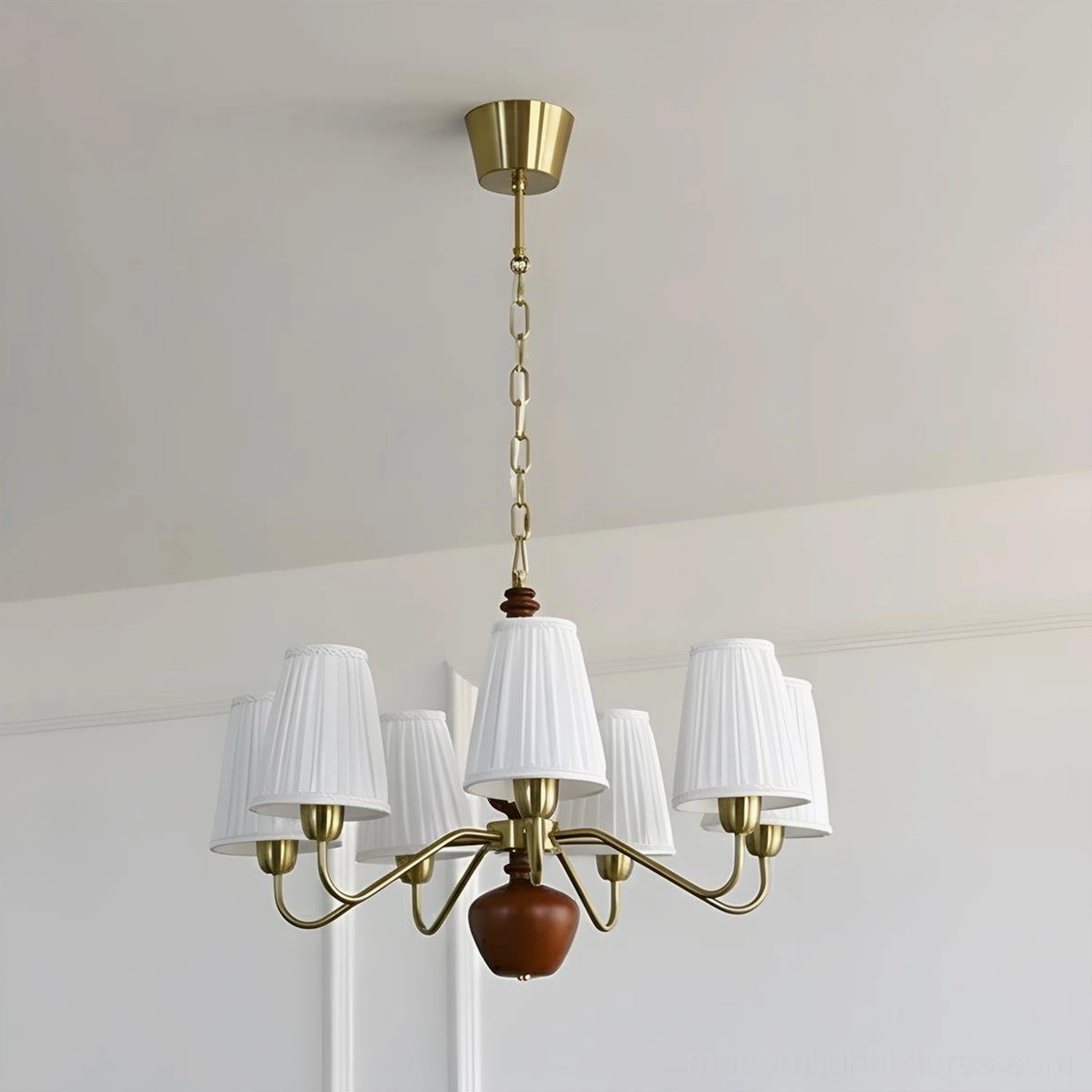 7 Head Cadenza fabric chandelier - large statement pendant light with brass frame and walnut wood
