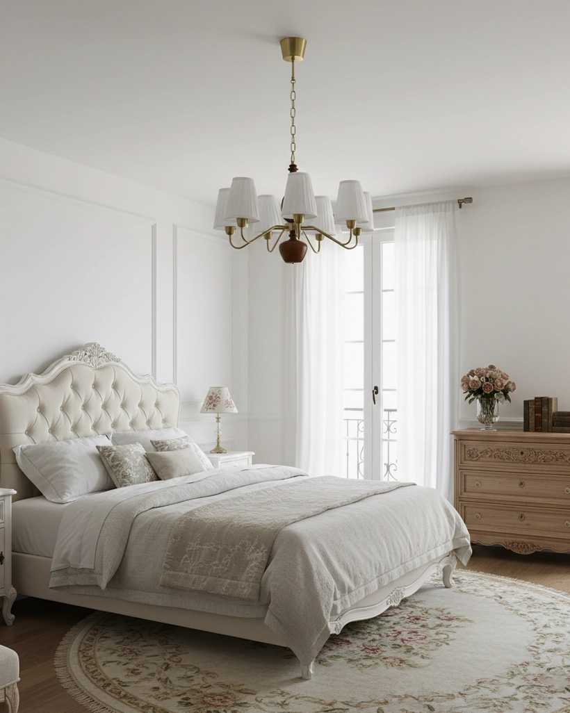 Fabric shade chandelier with brass frame and walnut wood in elegant master bedroom setting