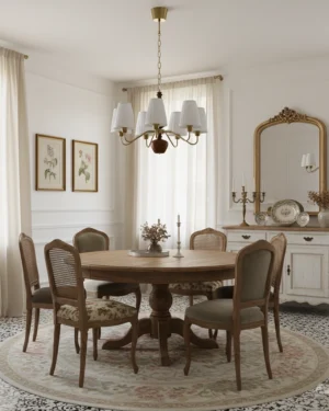 Mid-century modern fabric chandelier in dining room with warm brass finish and pleated white shades