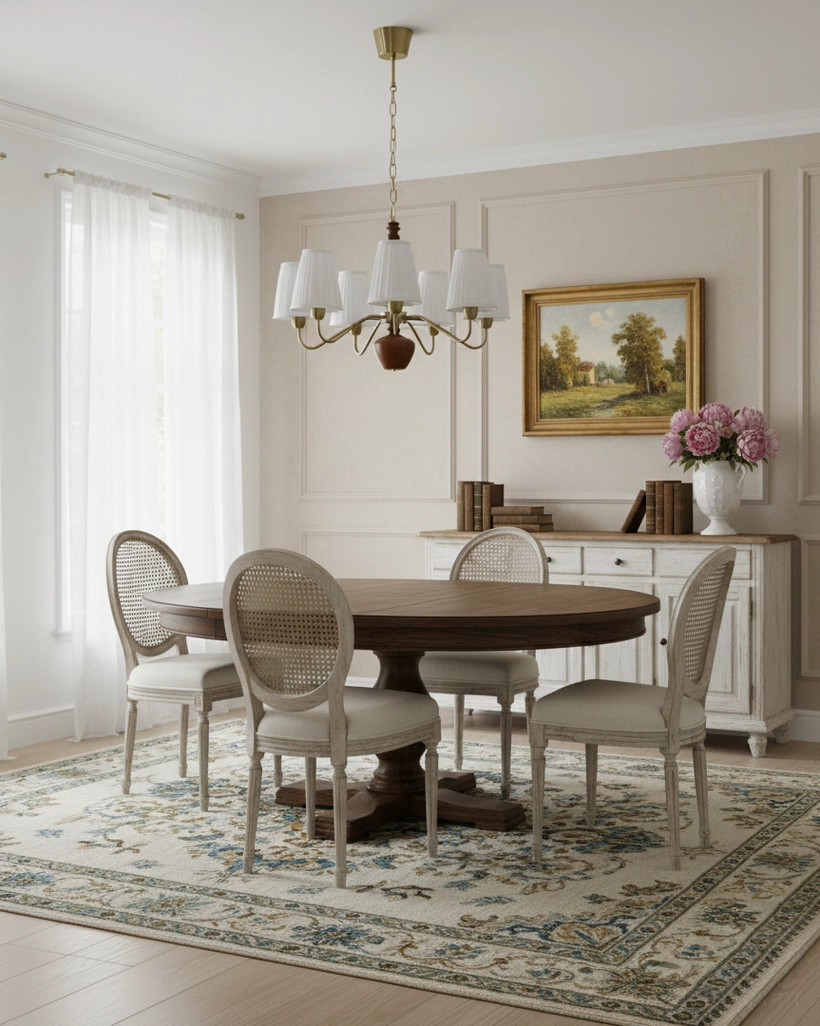 Retro fabric chandelier with brass hardware and white shades in casual dining room