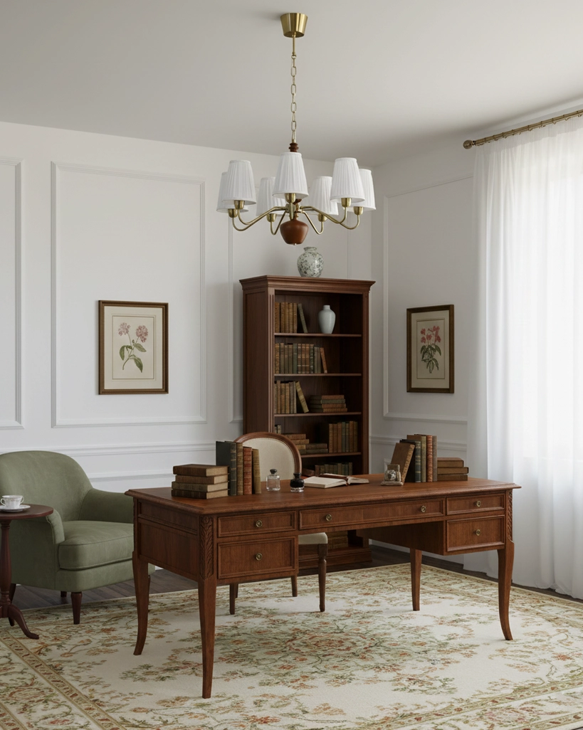 Mid-century modern chandelier in home office with brass finish and traditional wood accents