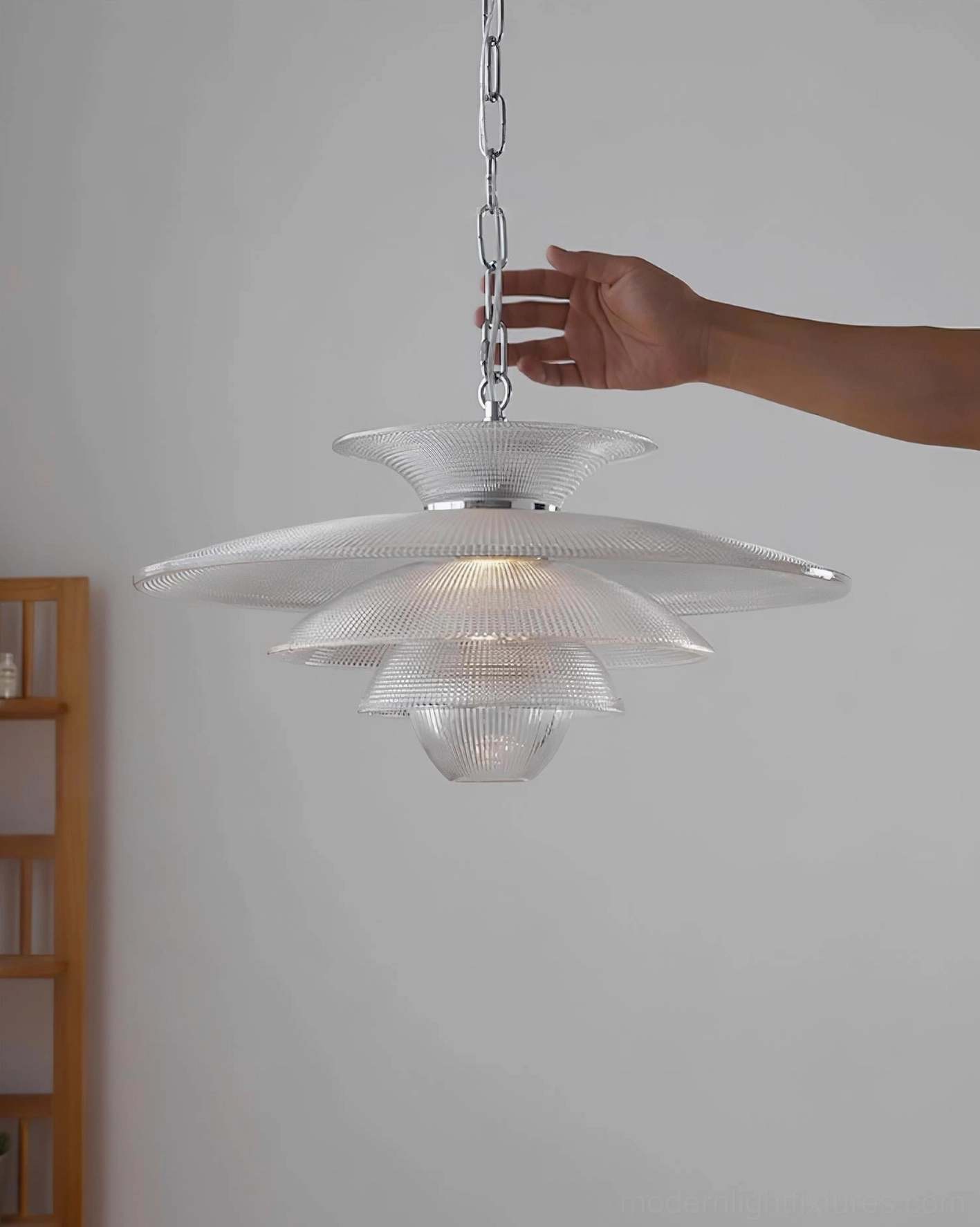 Cadenza tiered glass pendant light modern ribbed crystal fixture chrome hanging chain detail