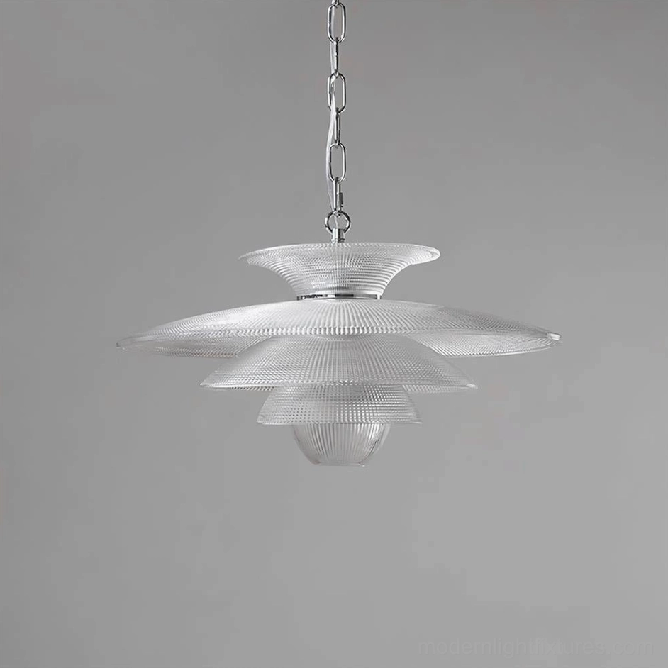 Cadenza glass pendant fixture lower front view displaying stacked ribbed glass tiers and chrome metal fixtures