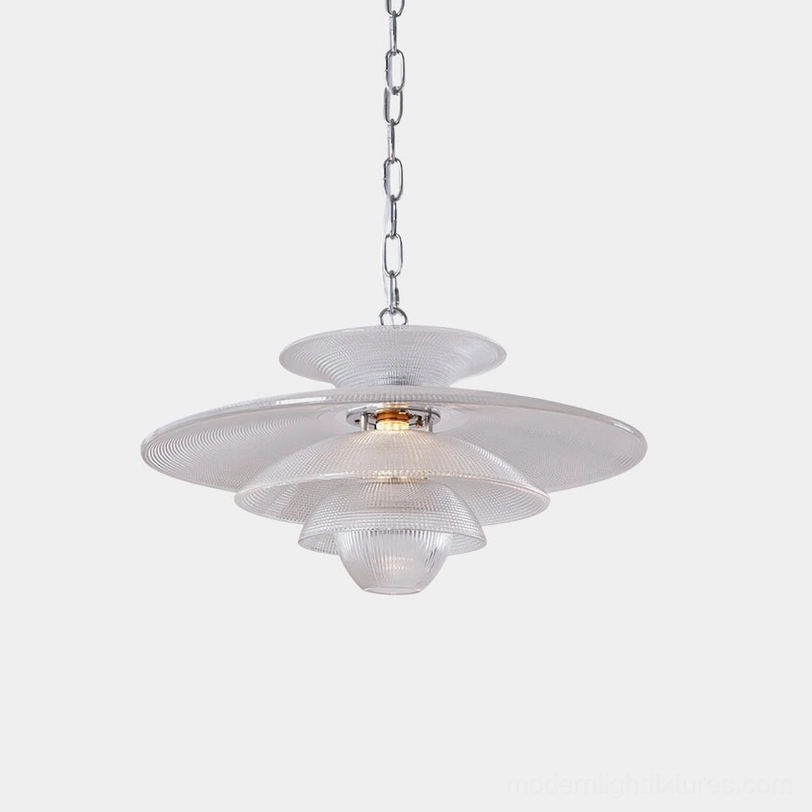 Cadenza tiered glass pendant light with multi-layered ribbed crystal design, front view with chrome metal hardware