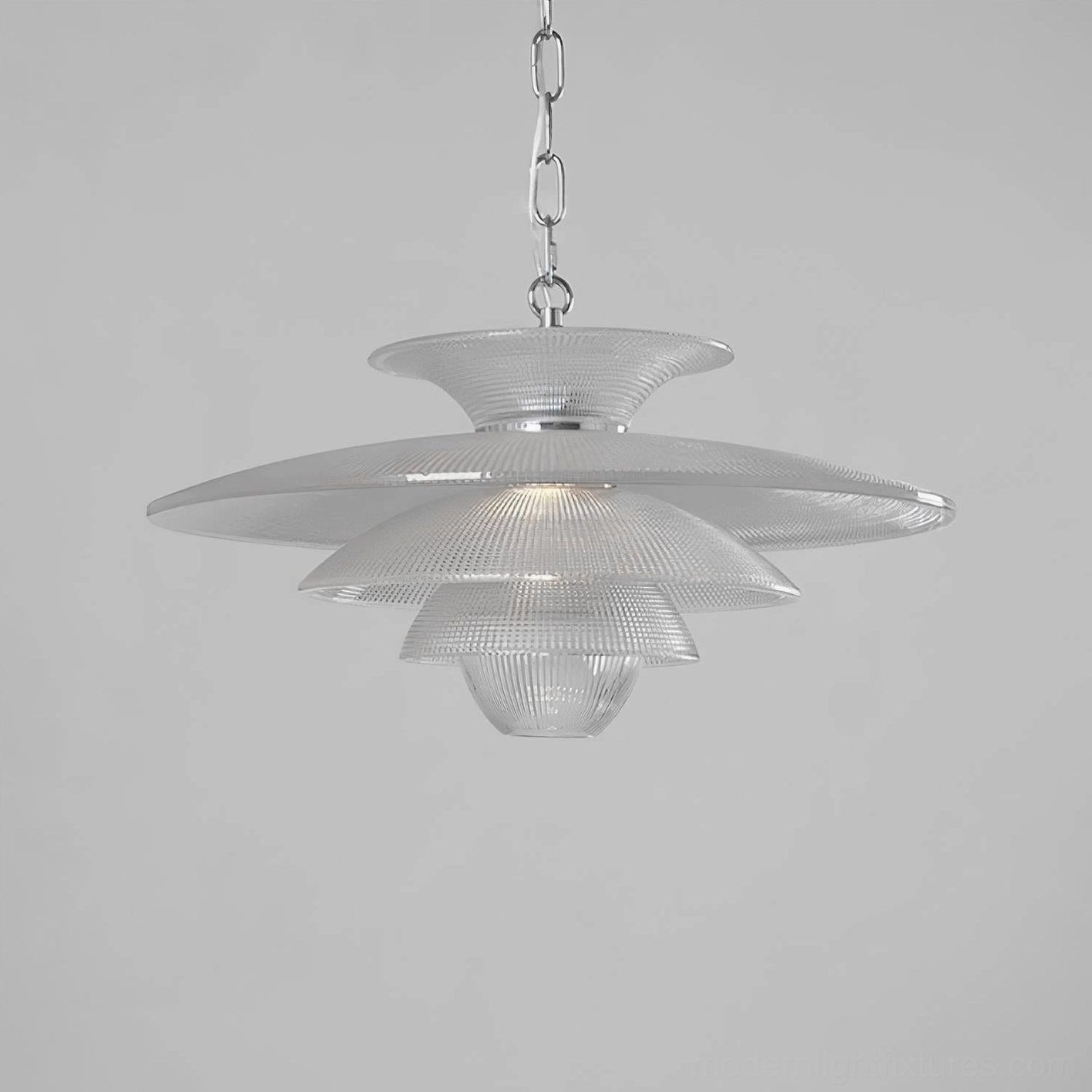 Cadenza tiered glass pendant lamp showing symmetrical ribbed design and polished silver chrome suspension hardware