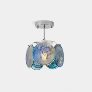 Blue hand-blown marbled glass semi-flush ceiling light fixture with chrome hardware, overhead studio view