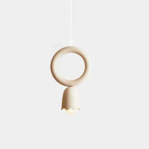 Cairn ceramic pendant light with circular ring design and scalloped bell-shaped shade in cream beige finish, isolated front view