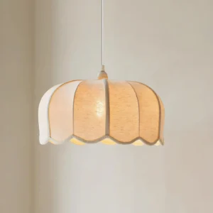 Beige and white scalloped pendant light options showing fabric texture and metal fixture detail