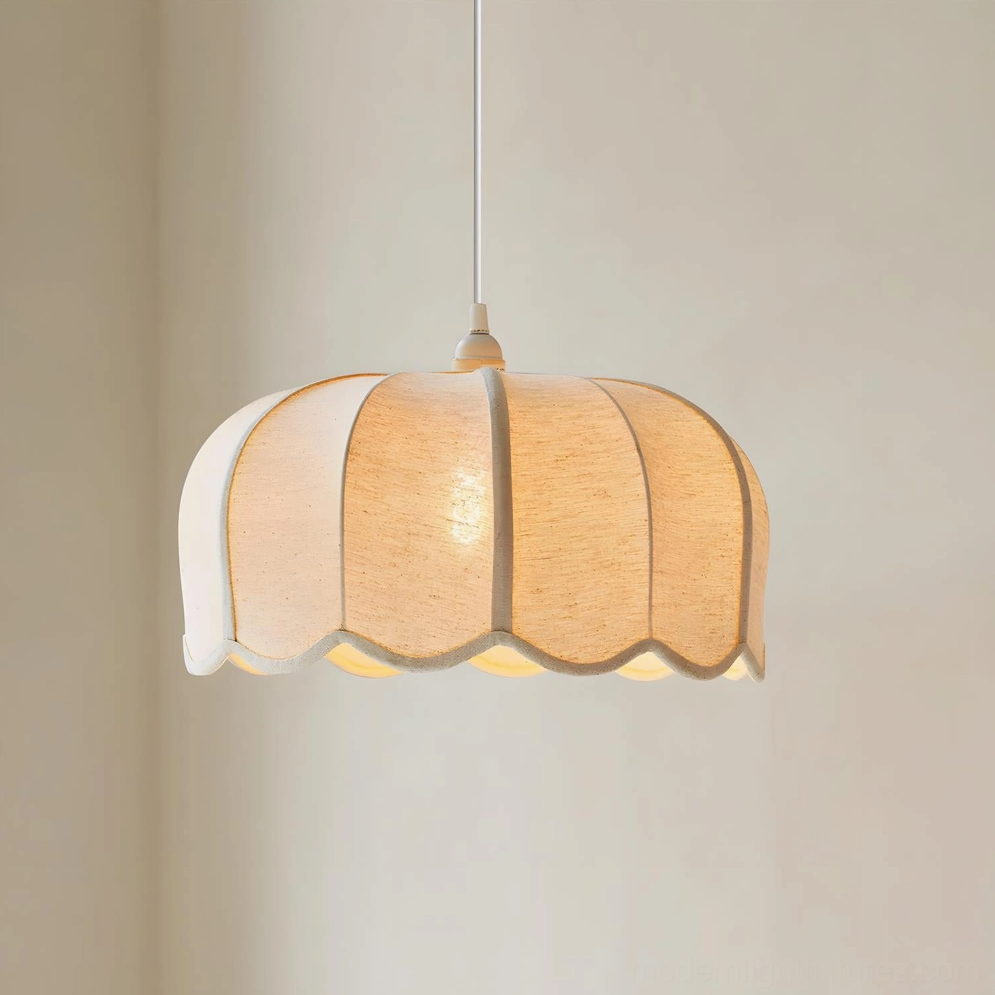 Beige and white scalloped pendant light options showing fabric texture and metal fixture detail