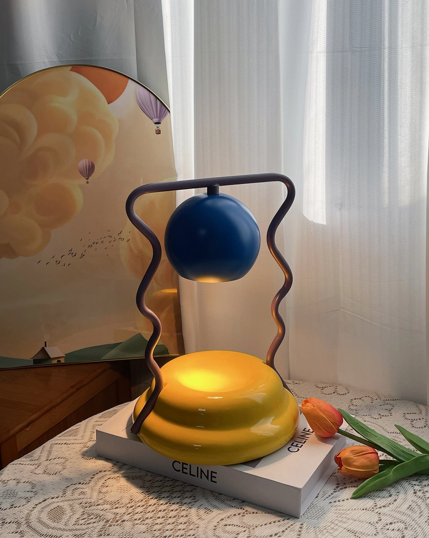 Caldas Candle Warmer Lamp in dark purple, blue, and yellow - contemporary artistic table lamp variant
