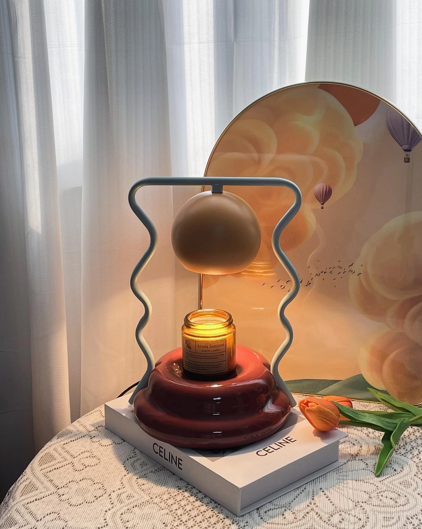 Caldas Candle Warmer Lamp tabletop display with tulip decoration - artistic modern table light accent