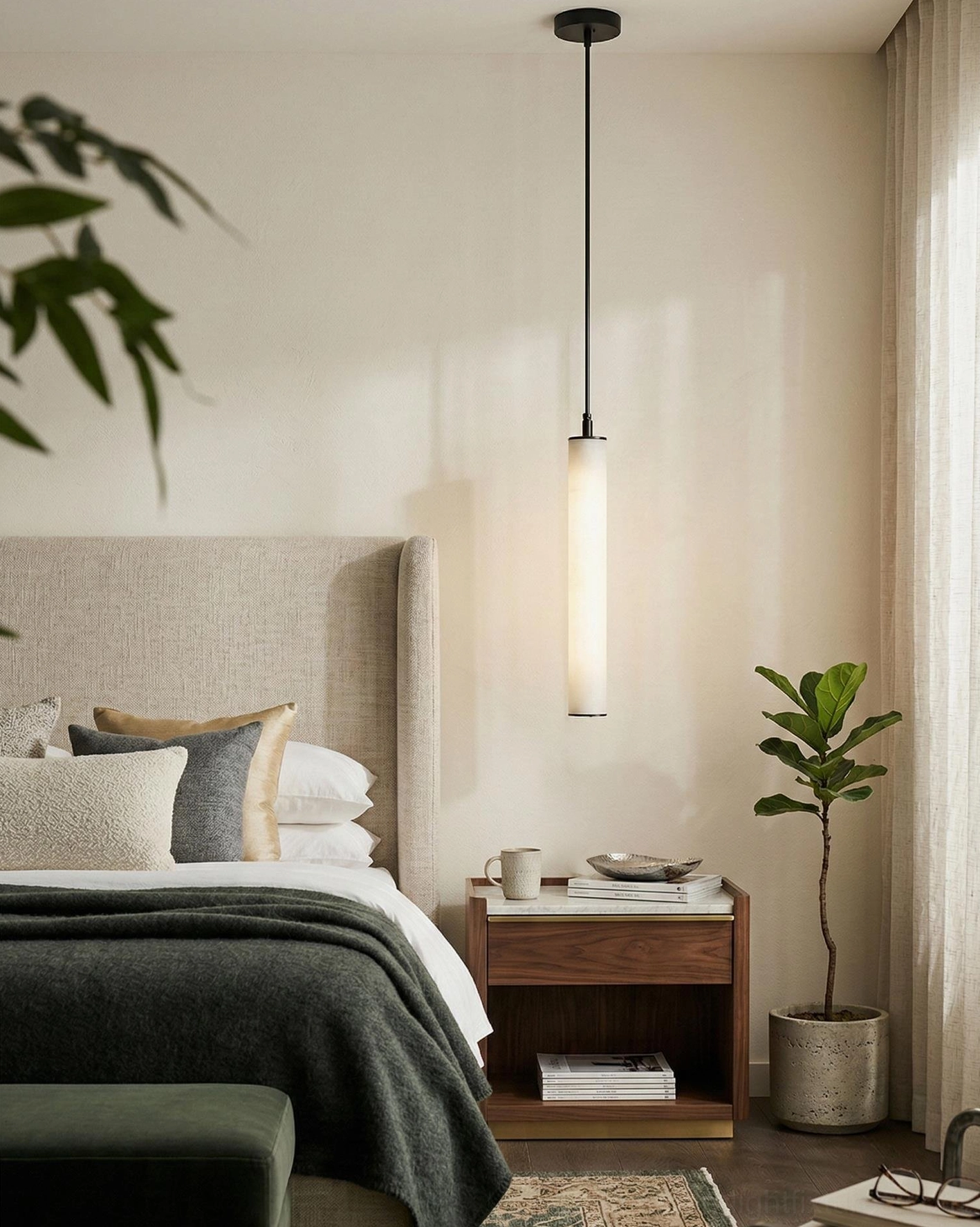 Minimalist alabaster tube pendant light bedside installation soft neutral bedroom decor