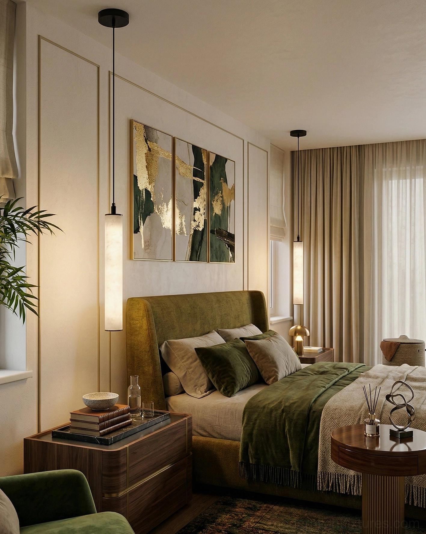 Alabaster tube pendant lamp hanging in master bedroom modern interior warm ambient light