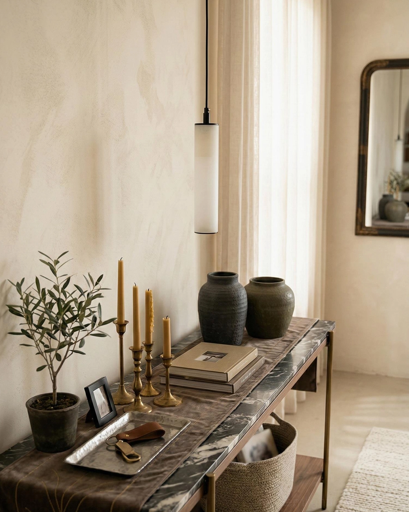 White alabaster tube pendant light entryway console decorative interior design accent
