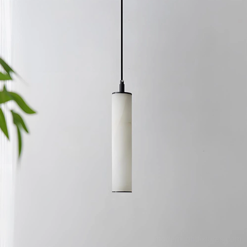Cylindrical alabaster pendant lamp smooth matte texture black brass hardware detail