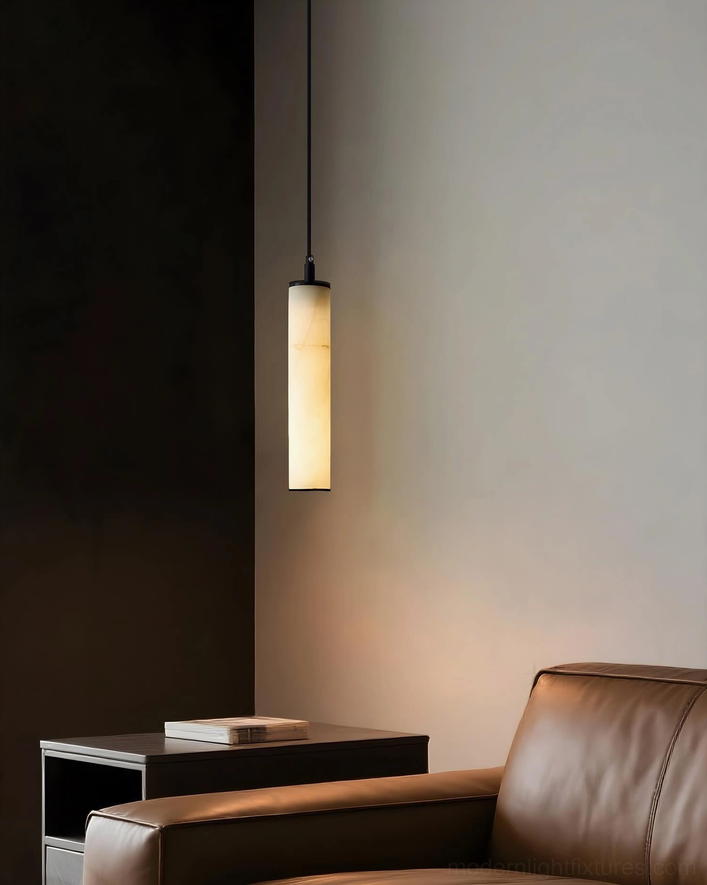Modern living room cylindrical alabaster tube pendant warm glowing suspended fixture